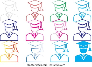 Colorful graduate icons, minimalist academic avatars, graduation cap silhouettes, stylized student symbols, vibrant education pictograms, simplified college graduate representations, multicolored dipl