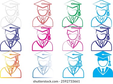 Colorful graduate icons, minimalist academic avatars, graduation cap silhouettes, stylized student symbols, vibrant education pictograms, simplified college graduate representations, multicolored dipl