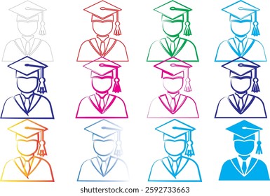 Colorful graduate icons, minimalist academic avatars, graduation cap silhouettes, stylized student symbols, vibrant education pictograms, simplified college graduate representations, multicolored dipl