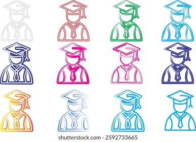 Colorful graduate icons, minimalist academic avatars, graduation cap silhouettes, stylized student symbols, vibrant education pictograms, simplified college graduate representations, multicolored dipl