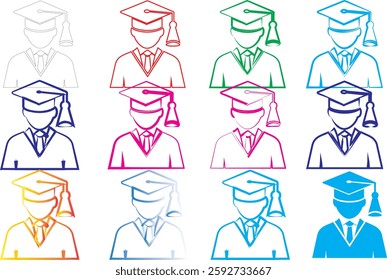 Colorful graduate icons, minimalist academic avatars, graduation cap silhouettes, stylized student symbols, vibrant education pictograms, simplified college graduate representations, multicolored dipl