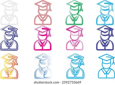 Colorful graduate icons, minimalist academic avatars, graduation cap silhouettes, stylized student symbols, vibrant education pictograms, simplified college graduate representations, multicolored dipl