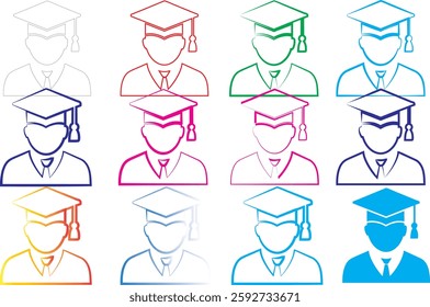 Colorful graduate icons, minimalist academic avatars, graduation cap silhouettes, stylized student symbols, vibrant education pictograms, simplified college graduate representations, multicolored dipl