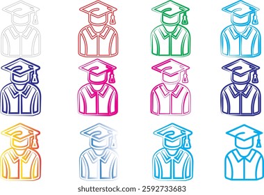 Colorful graduate icons, minimalist academic avatars, graduation cap silhouettes, stylized student symbols, vibrant education pictograms, simplified college graduate representations, multicolored dipl