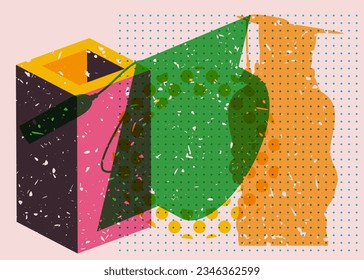 Colorful Graduate Student with geometric shapes. Object and man in trendy riso graph design. Geometry elements abstract risograph print texture style.