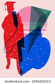 Colorful Graduate Student with geometric shapes. Object and man in trendy riso graph design. Geometry elements abstract risograph print texture style.