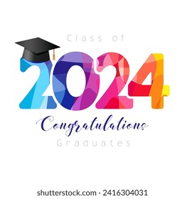 Colorful graduating banner. Class of 2024 congratulations graduates, decoration concept. Collegel event invitation design. Watercolor style number. Greeting card template. Art school creative icon.