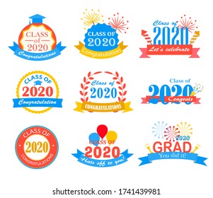 Colorful graduation 2020  badges, signs and symbols with graduation hat and text, vector illustration. Congratulation to graduates of 2020 year.