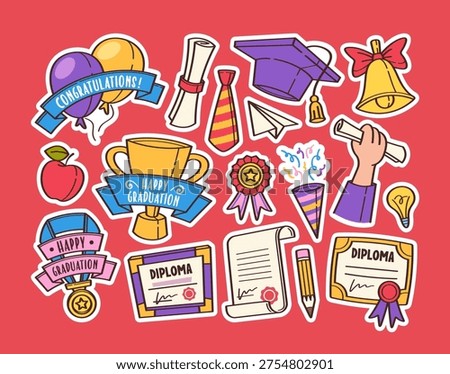 Colorful graduation set with mortarboard, rolled diploma, certificate scroll, confetti firecracker