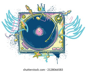 Colorful graffiti drawn turntable, funky music design