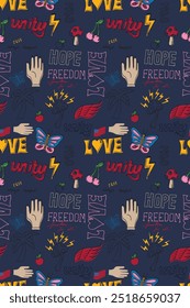 COLORFUL GRAFFITI WITH ELEMENTS AND SLOGANS TYPO ALL OVER PRINT SEAMLESS PATTERN VECTOR ILLUSTRATION