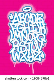 Colorful graffiti font alphabet on spray paint background. Vector illustration