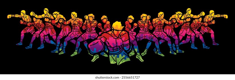 Colorful Graffiti Group of Boxer Boxing Sport Male Fighting Mix Action Cartoon Graphic Vector