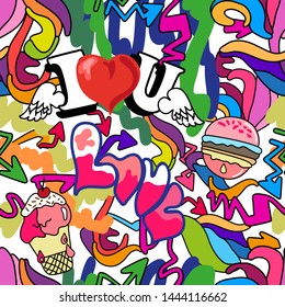 Colorful graffiti print. Seamless vector pattern with different text and graphic elements inspired by street art. Template for cards, covers and textile design. On white background.