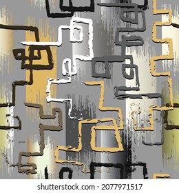 Colorful graffiti style modern seamless pattern. Vector dirty background. Repeat textured backdrop. Doodle hand drawn brush strokes ornaments with grunge ancient greek symbols, signs, shapes, stripes.