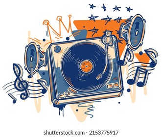 Colorful graffiti vinyl turntable, speakers and notes - musical design