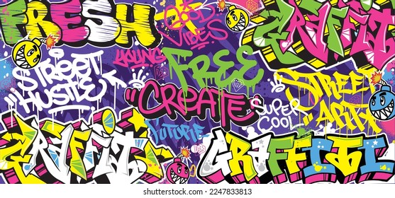 Colorful Graffiti Wall Art Background Street Art Hip-Hop Urban Vector Illustration Background. Seamless amazing graffiti art background