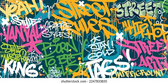 Colorful Graffiti Wall Art Background Street Art Hip-Hop Urban Vector Illustration Background. Seamless amazing graffiti art background