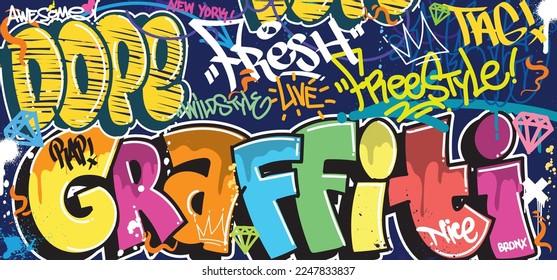 Colorful Graffiti Wall Art Background Street Art Hip-Hop Urban Vector Illustration Background. Seamless amazing graffiti art background