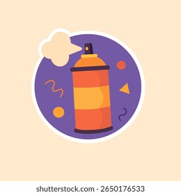 A colorful graffiti-style flat icon of an orange and red spray paint can emitting paint fumes, set against a purple background with playful shapes.