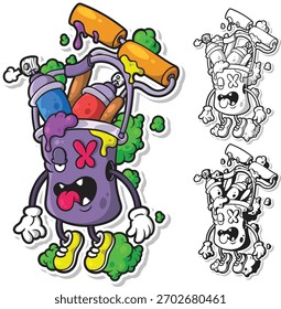Colorful graffiti-themed paint bucket character with spray cans and rollers in a bold cartoon style. Perfect for street art projects, stickers, merch, and modern graphic designs.