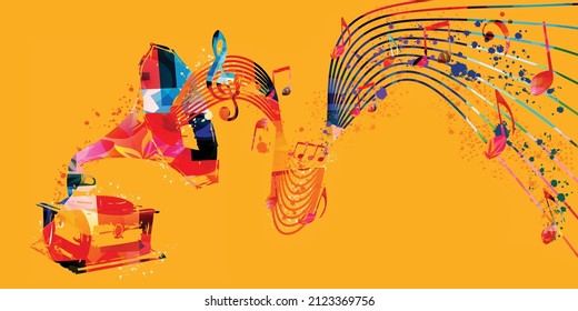 Colorful gramophone with musical notes poster for music festivals. Phonograph design for party flyers and invitations, listening to music vector illustration