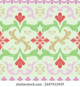 Colorful Grandiose Delicate Ornament Medieval Seamless Border Pattern. Pink Red Green Gold Fabulous Summer Spring Luxury Detailed Rich Decoration Embroidery Textiles Floor Tiles Apparel Garment Scarf
