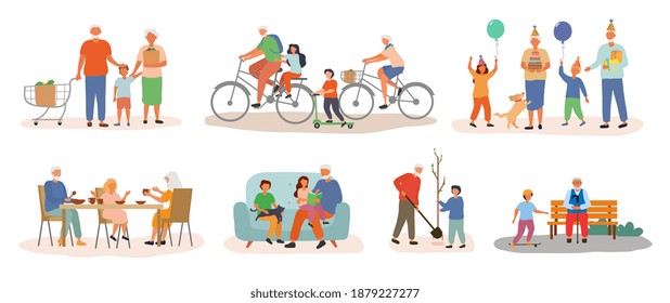 Colorful Grandparents Collection With Grandkids Showing A Range Of Different Family Activities, Set Of Flat Cartoon Colored Vector Illustrations Isolated On White Background