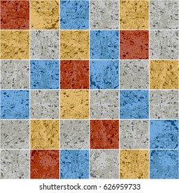 Colorful granite mosaic square tile grunge texture seamless pattern, vector