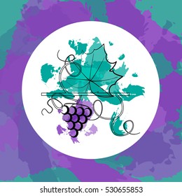 Colorful grape concept with both berry and leaf silhouettes on paint spots background. Stock vector illustration on vineyard and vine products for banner, invitation, card, certificate, menu.