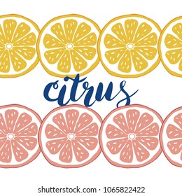 Colorful grape and lemon seamless pattern and lettering sign citrus. Doodle fruits borders design 