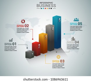 Colorful graph five numbers infographic element. Business data diagram. 3d isometric design. Perfect for banner, website, presentation , promotional materials , business . Vector illustration.
