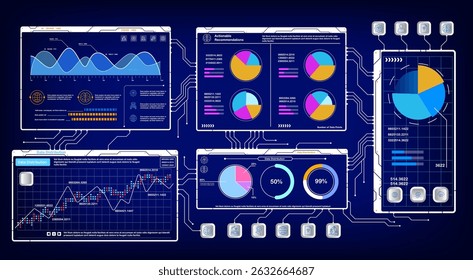 Colorful graph on multiple connected display screens, showing relationships and data flow. Ideal for network dashboards, system analytics, data visualization, and modern digital interfaces.