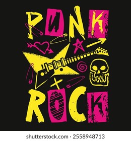 Colorful graphic art featuring the words punk and rock along with a guitar safety pins and a skull. This design captures the edgy spirit of punk culture in striking colors.