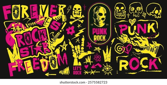 Colorful graphic art showcasing punk rock elements like guitars skulls and slogans promoting freedom. The vibrant designs reflect the rebellious spirit of punk rock culture.