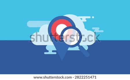 Colorful graphic concept shows location pointer pin analyzed under magnifying glass against sky clouds background.
