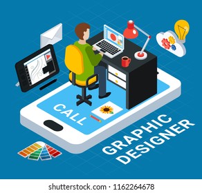 Colorful graphic design concept with designer at his workplace on blue background 3d vector illustration