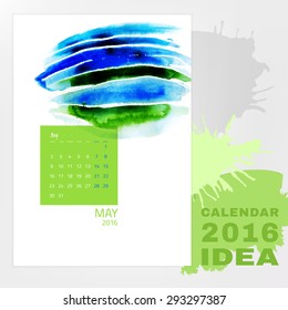 Colorful graphic design of an English Calendar 2016. Week starts from Monday. Art and Painting watercolor concept with splashes and brush strokes. Creative and unique style. Vector illustration