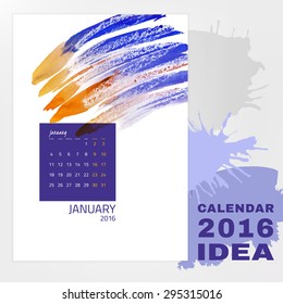 Colorful graphic design of an English Calendar 2016. Week starts from Monday. Art and Painting watercolor concept with splashes and brush strokes. Creative and unique style. Vector illustration