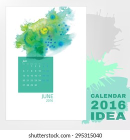 Colorful graphic design of an English Calendar 2016. Week starts from Monday. Art and Painting watercolor concept with splashes and brush strokes. Creative and unique style. Vector illustration