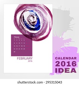 Colorful graphic design of an English Calendar 2016. Week starts from Monday. Art and Painting watercolor concept with splashes and brush strokes. Creative and unique style. Vector illustration