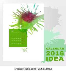 Colorful graphic design of an English Calendar 2016. Week starts from Monday. Art and Painting watercolor concept with splashes and brush strokes. Creative and unique style. Vector illustration