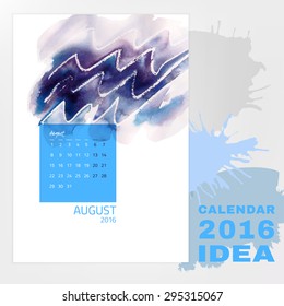 Colorful graphic design of an English Calendar 2016. Week starts from Monday. Art and Painting watercolor concept with splashes and brush strokes. Creative and unique style. Vector illustration