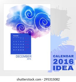 Colorful graphic design of an English Calendar 2016. Week starts from Monday. Art and Painting watercolor concept with splashes and brush strokes. Creative and unique style. Vector illustration