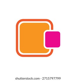 Un Diseño gráfico colorido con un Grande cuadrado naranja con un borde blanco y un Pequeño cuadrado rosa superpuesto, ambos con esquinas redondeadas, aislados sobre fondo blanco