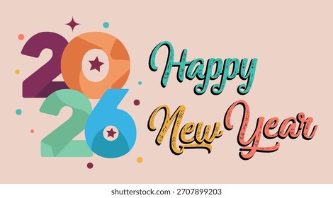 Un colorido Diseño gráfico con los números 2026 y las palabras Feliz Año Nuevo en un estilo festivo.