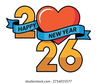 Un colorido Diseño gráfico con los números '2026' estilizados con un degradado naranja, un Grande corazón rojo y un Anuncio de cinta azul que desea 'Feliz Año Nuevo'. El diseño está aislado en un fondo blanco