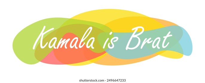 Colorful graphic design featuring the phrase kamala is brat with abstract shapes in bright colors