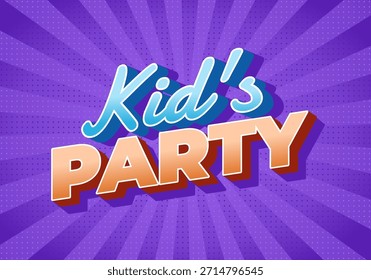 Colorful graphic design featuring the text Kids Party with a vibrant purple background and radial lines