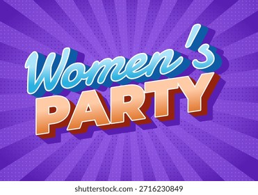 A colorful graphic design featuring the text Womens Party in a playful font on a purple background with radiating lines.